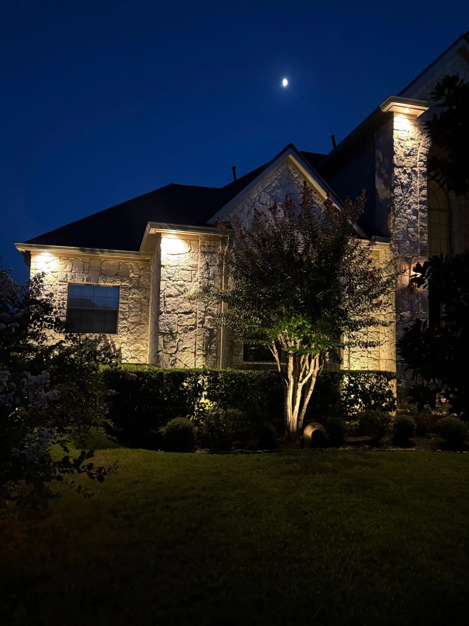 Stone home with soffit downlights and an uplit crepe myrtle under a crescent moon