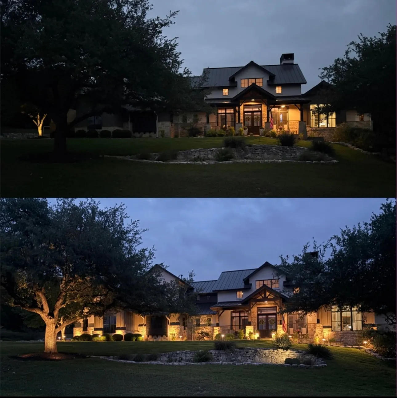 Before and after: Hill Country estate with lit stone columns, an uplit live oak, path lights, and a glowing stone wall