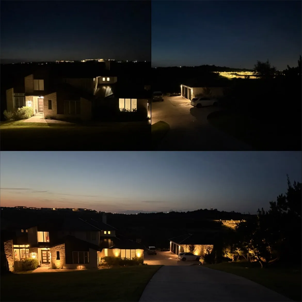 Before and after: hilltop home and detached garage lit against the evening sky