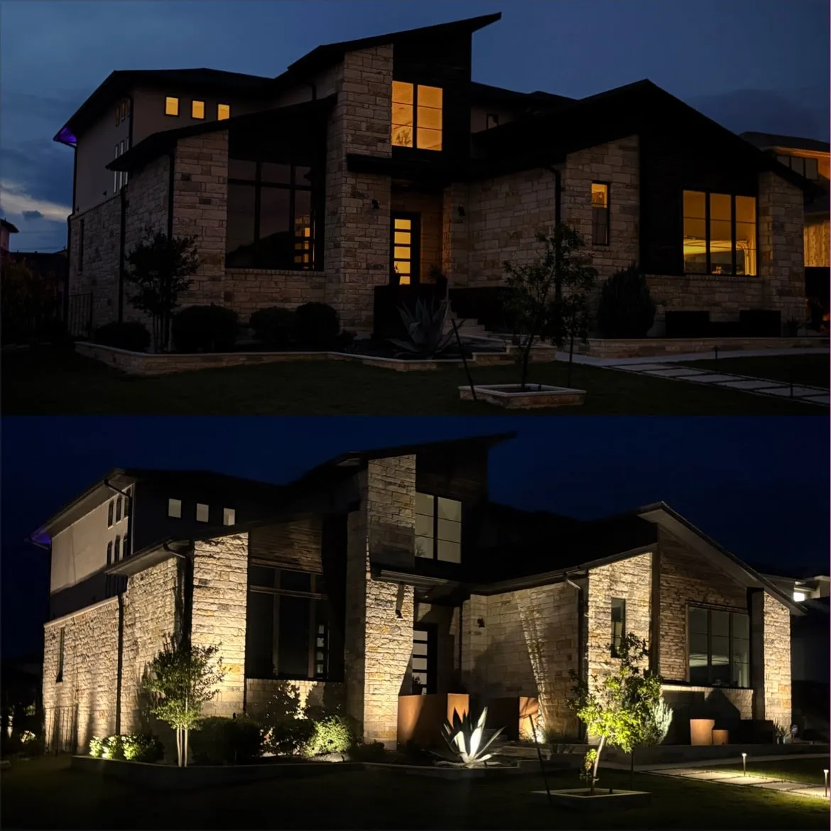Before and after: contemporary stone home grazed with light, with an uplit agave, trees, and path lights