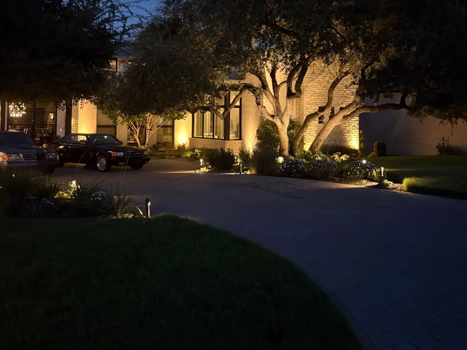Curved paver driveway lined with path lights leading to a home framed by uplit live oaks