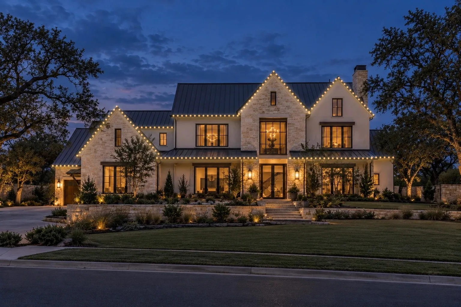 Illustration of a two-story home outlined in warm white permanent roofline lights