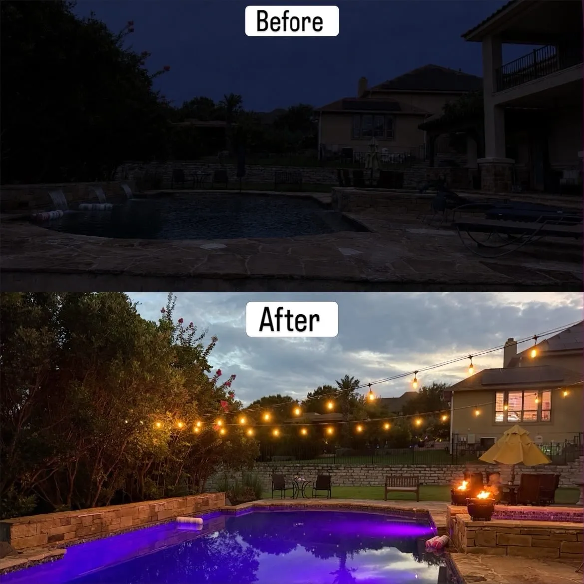 Before and after: dark backyard pool transformed with café string lights and lit landscaping