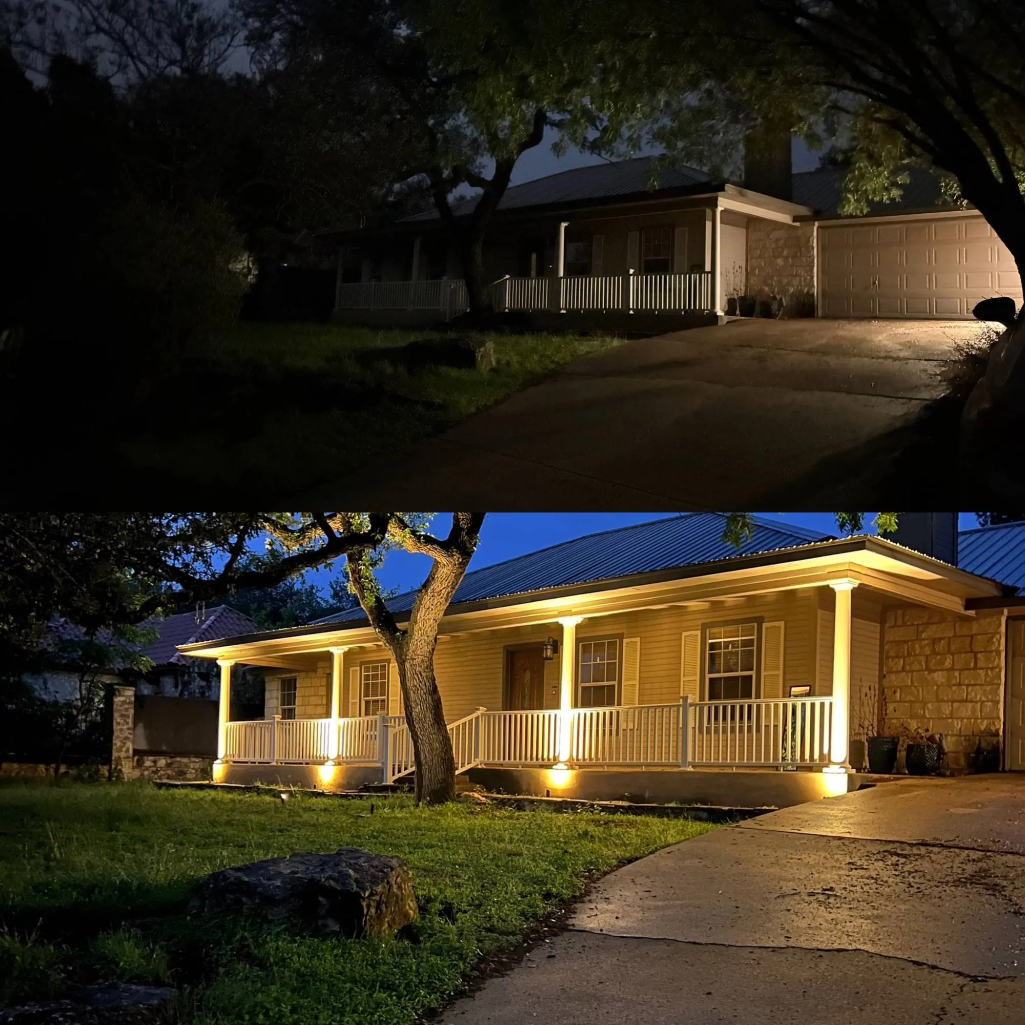 Before and after: dark ranch home transformed with uplit porch columns, a glowing porch ceiling, and an uplit tree