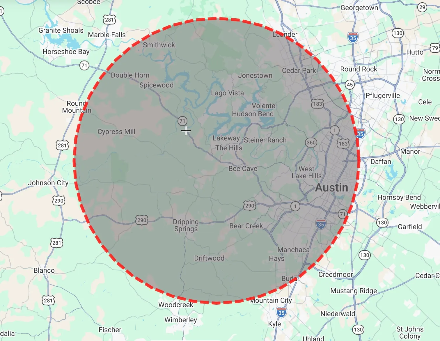 Map of the Just Lights service area: a circle centered west of Austin covering Austin, Cedar Park, Leander, Lakeway, Bee Cave, West Lake Hills, Dripping Springs, Spicewood, Lago Vista, and Buda