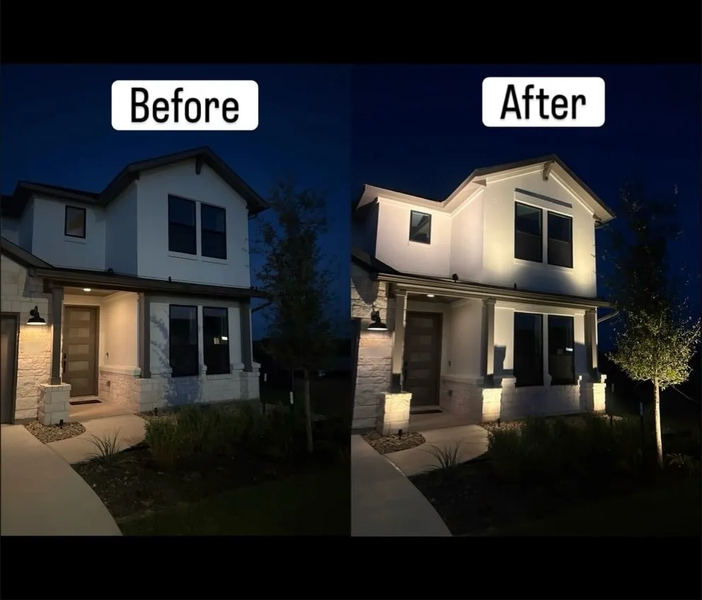 Before and after: two-story stucco home with uplit facade, stone columns, and an uplit tree