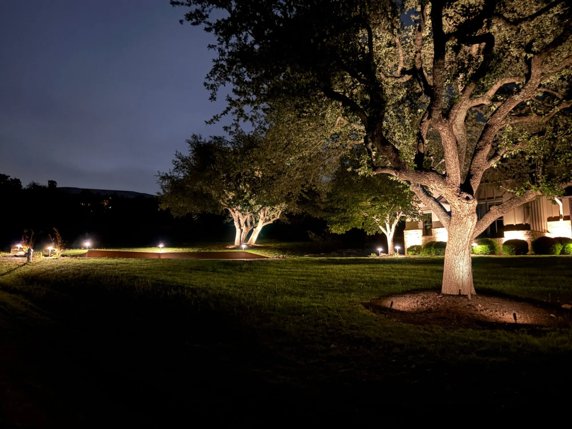 Several live oaks uplit across a wide lawn, with path lights leading to a lit stone and board-and-batten home